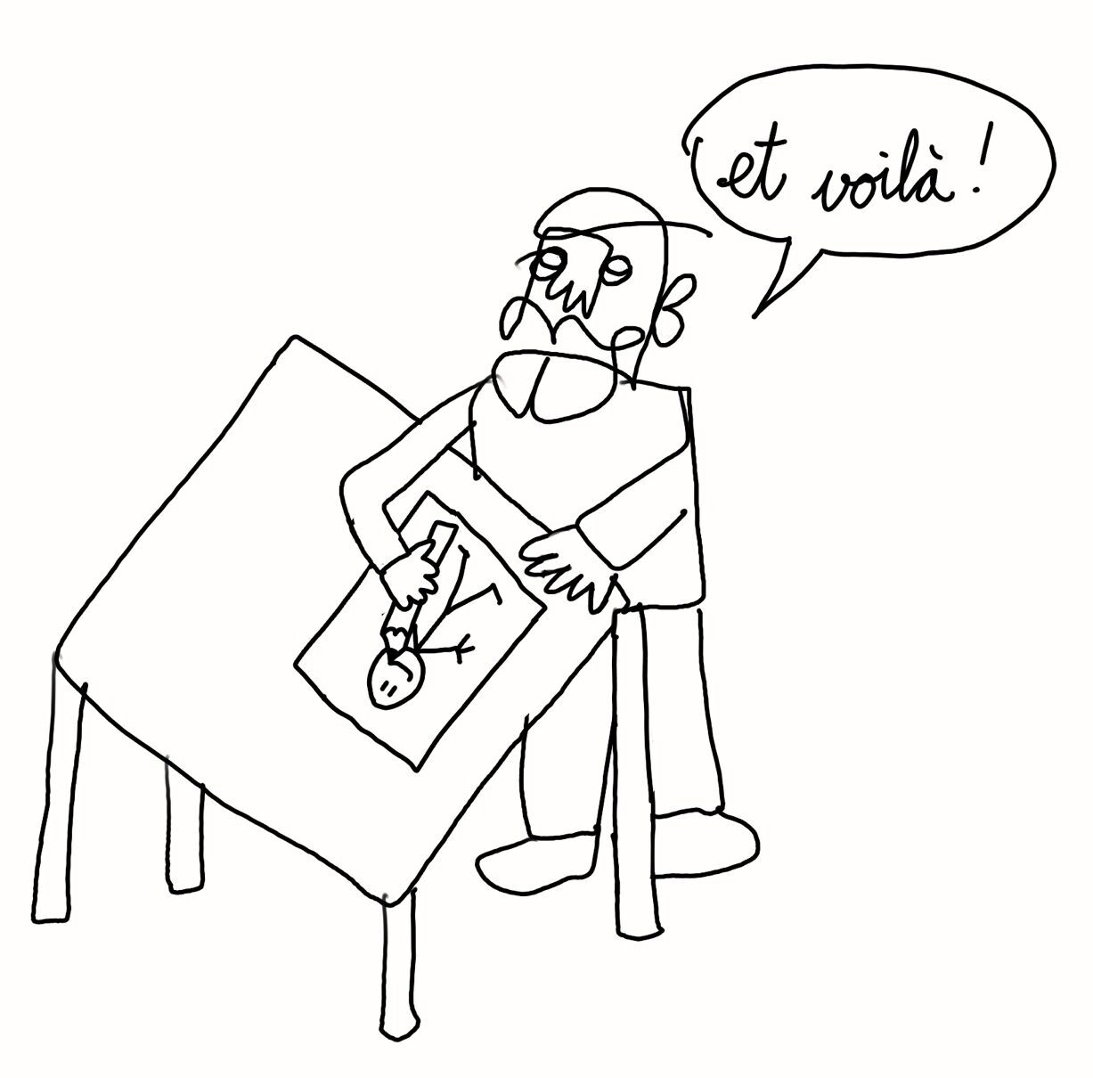 un personnage dessine sur une table